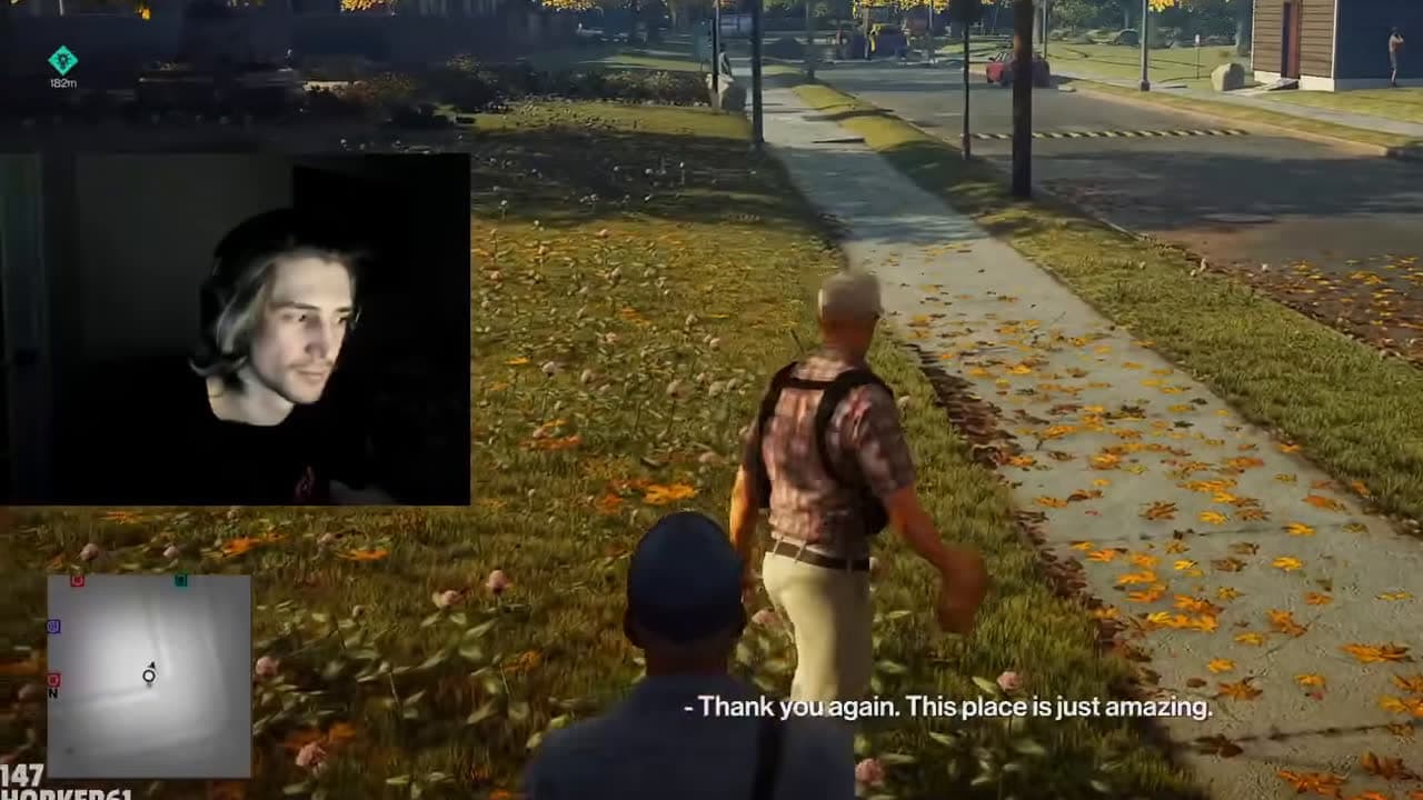 xQc on facecam playing Hitman 2 during a livestream